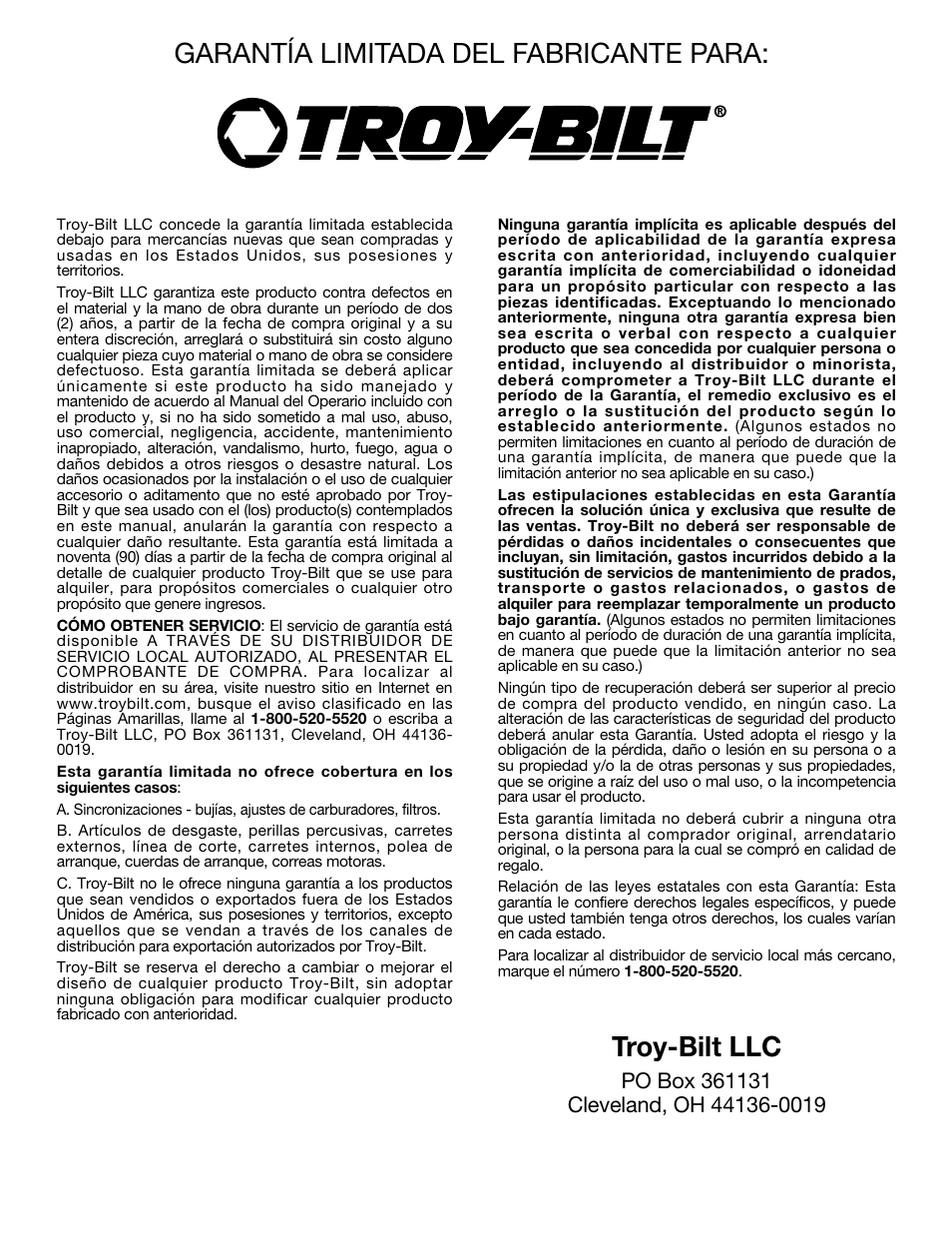 Garantía limitada del fabricante para, Troy-bilt llc | Troy-Bilt TB250B User Manual | Page 56 / 56