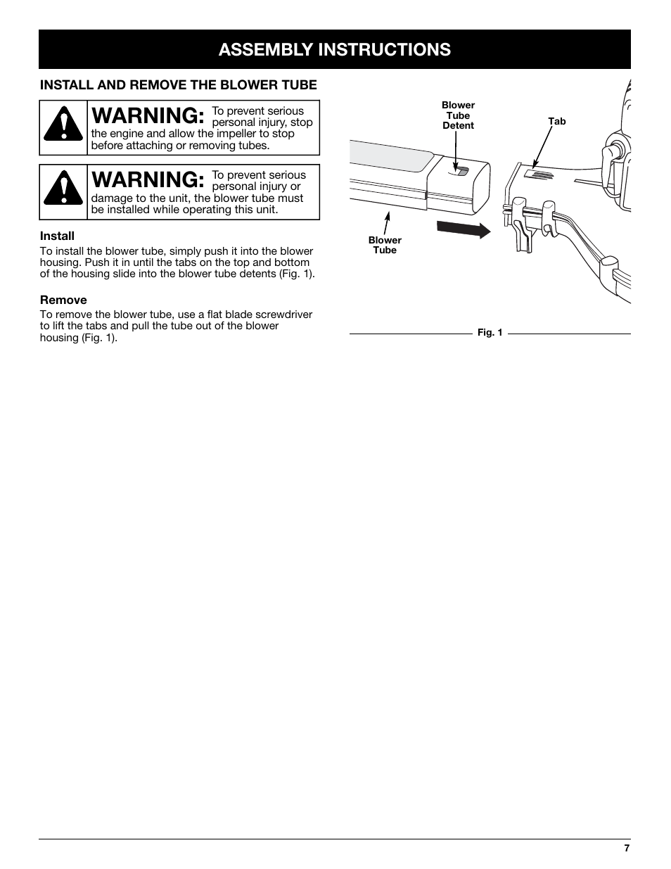 Warning, Assembly instructions | Troy-Bilt TB250B User Manual | Page 7 / 56