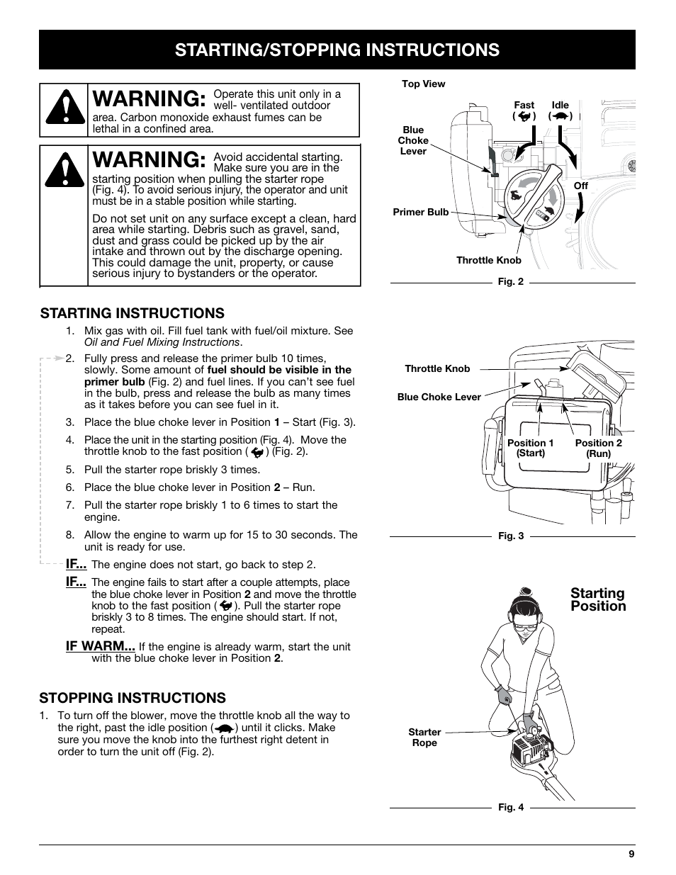 Warning, Starting/stopping instructions, Starting instructions | Stopping instructions, Starting position | Troy-Bilt TB250B User Manual | Page 9 / 56
