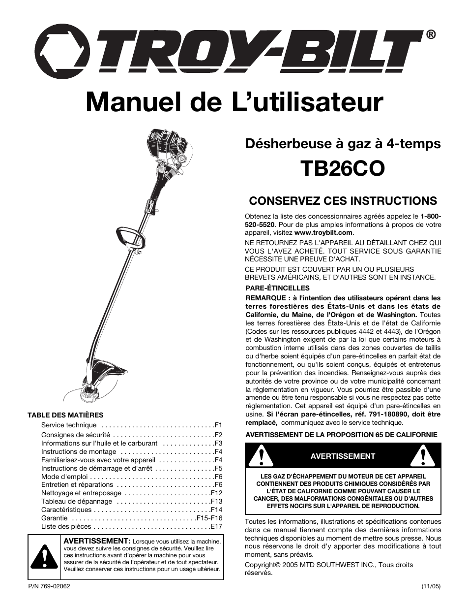 Manuel de l’utilisateur, Tb26co, Désherbeuse à gaz à 4-temps | Conservez ces instructions | Troy-Bilt TB26CO User Manual | Page 17 / 52
