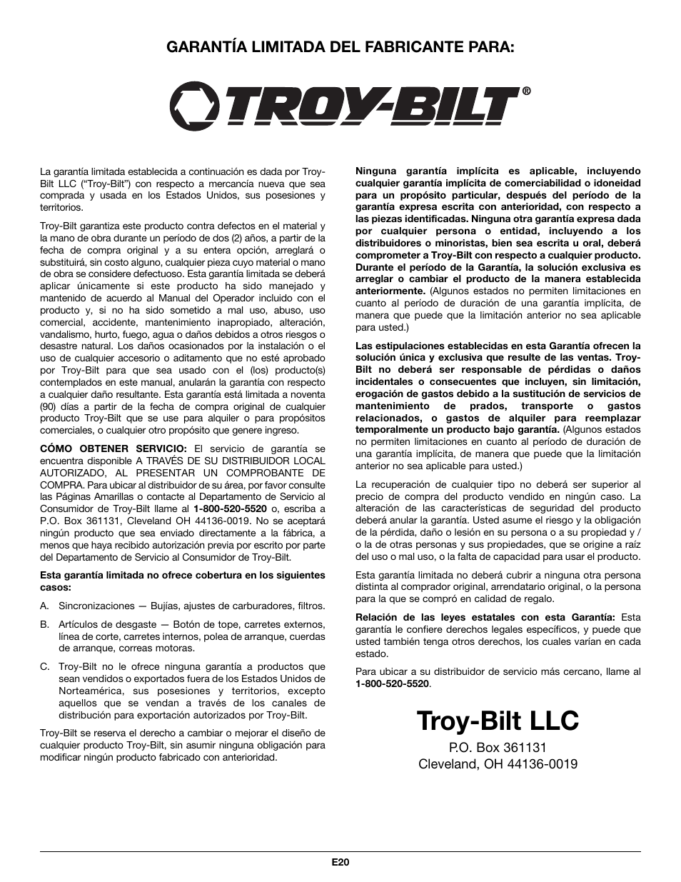 Troy-bilt llc, Garantía limitada del fabricante para | Troy-Bilt TB26CO User Manual | Page 52 / 52