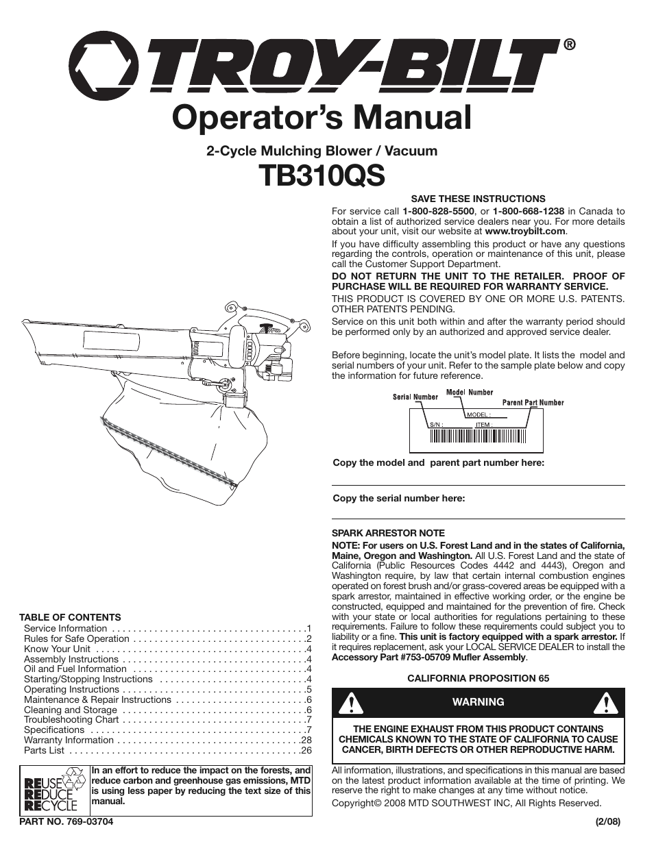 Troy-Bilt TB310QS User Manual | 28 pages