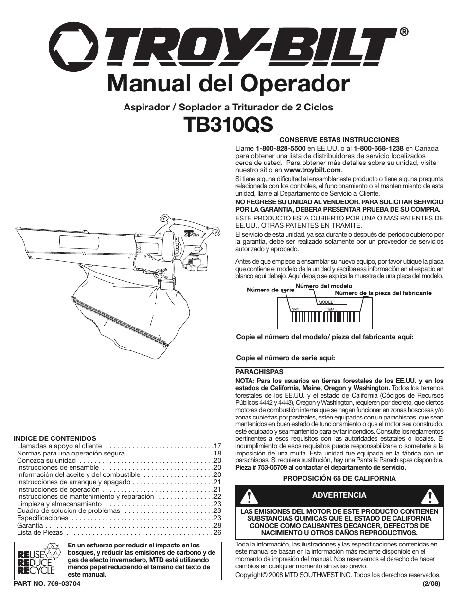 Manual del operador, Tb310qs | Troy-Bilt TB310QS User Manual | Page 17 / 28