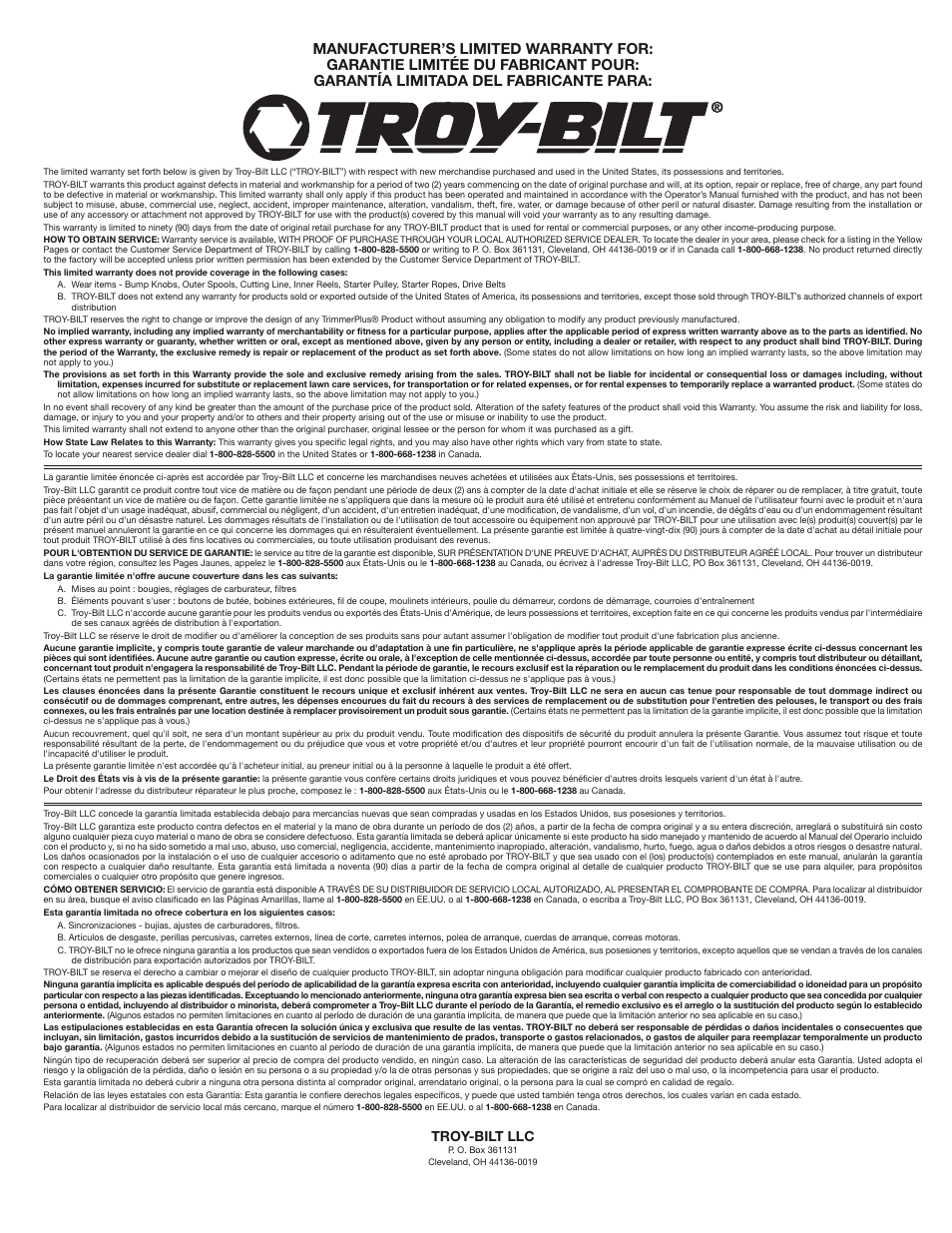 Troy-bilt llc | Troy-Bilt TB310QS User Manual | Page 28 / 28