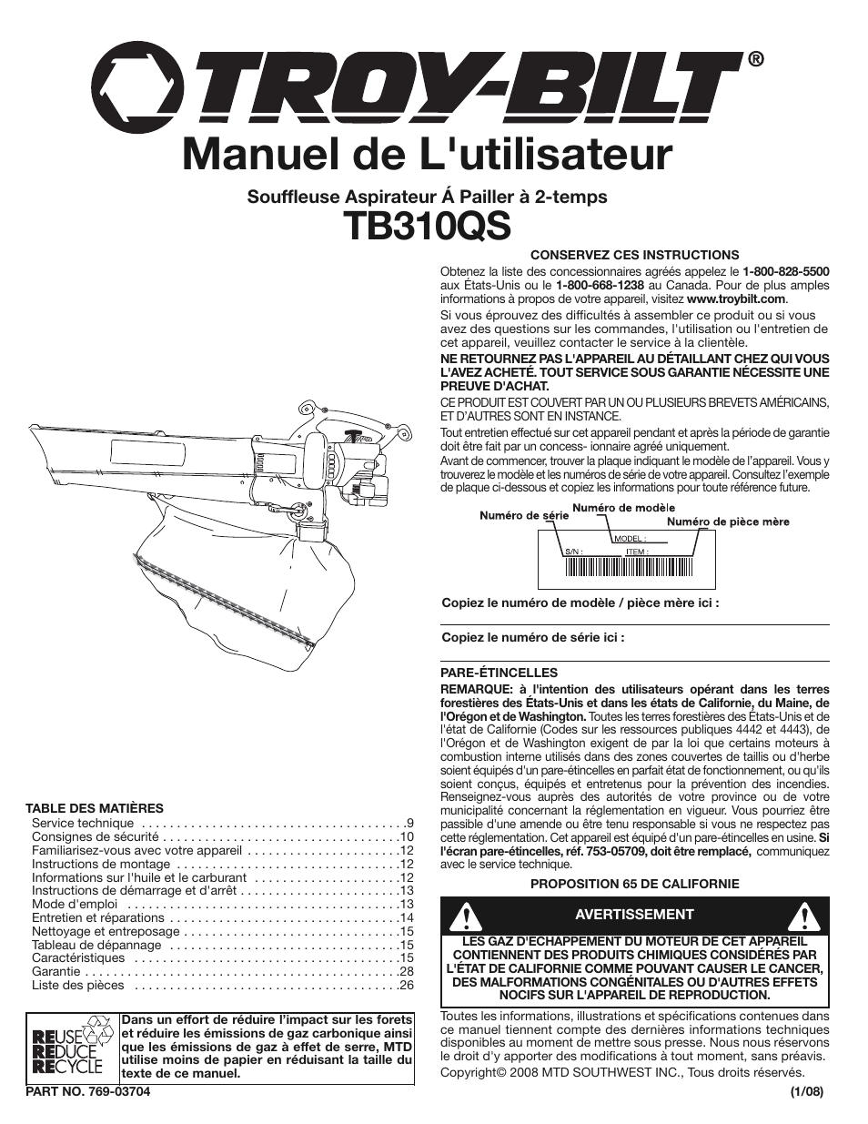 Manuel de l'utilisateur, Tb310qs | Troy-Bilt TB310QS User Manual | Page 9 / 28