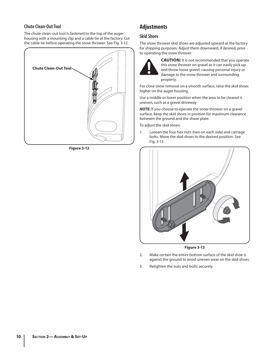 Adjustments, Chute clean-out tool, Skid shoes | Troy-Bilt STORM TRACKER 2690XP User Manual | Page 10 / 52