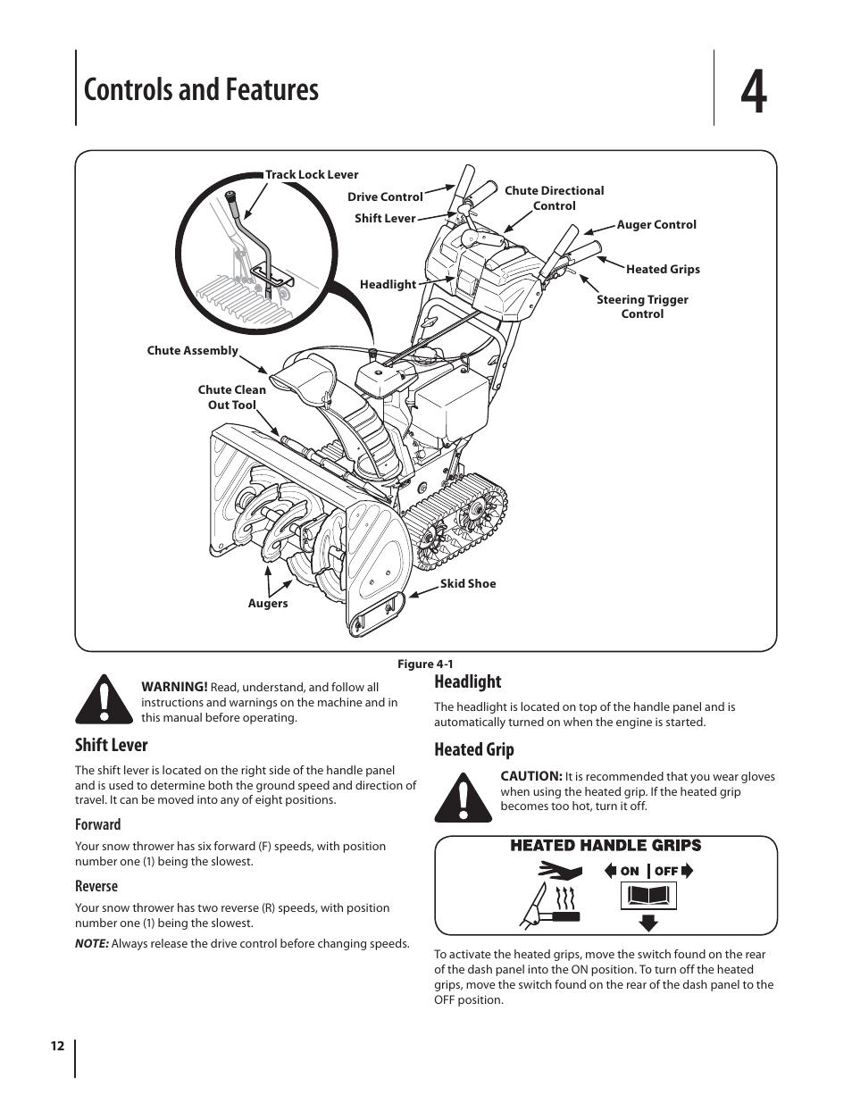 Controls and features, Shift lever, Headlight | Heated grip | Troy-Bilt STORM TRACKER 2690XP User Manual | Page 12 / 52