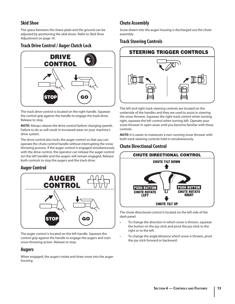 Skid shoe, Track drive control / auger clutch lock, Auger control | Augers, Chute assembly, Track steering controls, Chute directional control | Troy-Bilt STORM TRACKER 2690XP User Manual | Page 13 / 52