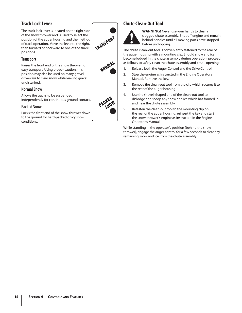 Track lock lever, Chute clean-out tool, Transport | Normal snow, Packed snow | Troy-Bilt STORM TRACKER 2690XP User Manual | Page 14 / 52