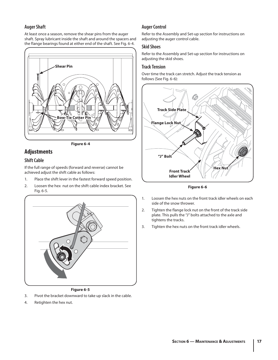 Adjustments, Auger shaft, Shift cable | Auger control, Skid shoes, Track tension | Troy-Bilt STORM TRACKER 2690XP User Manual | Page 17 / 52