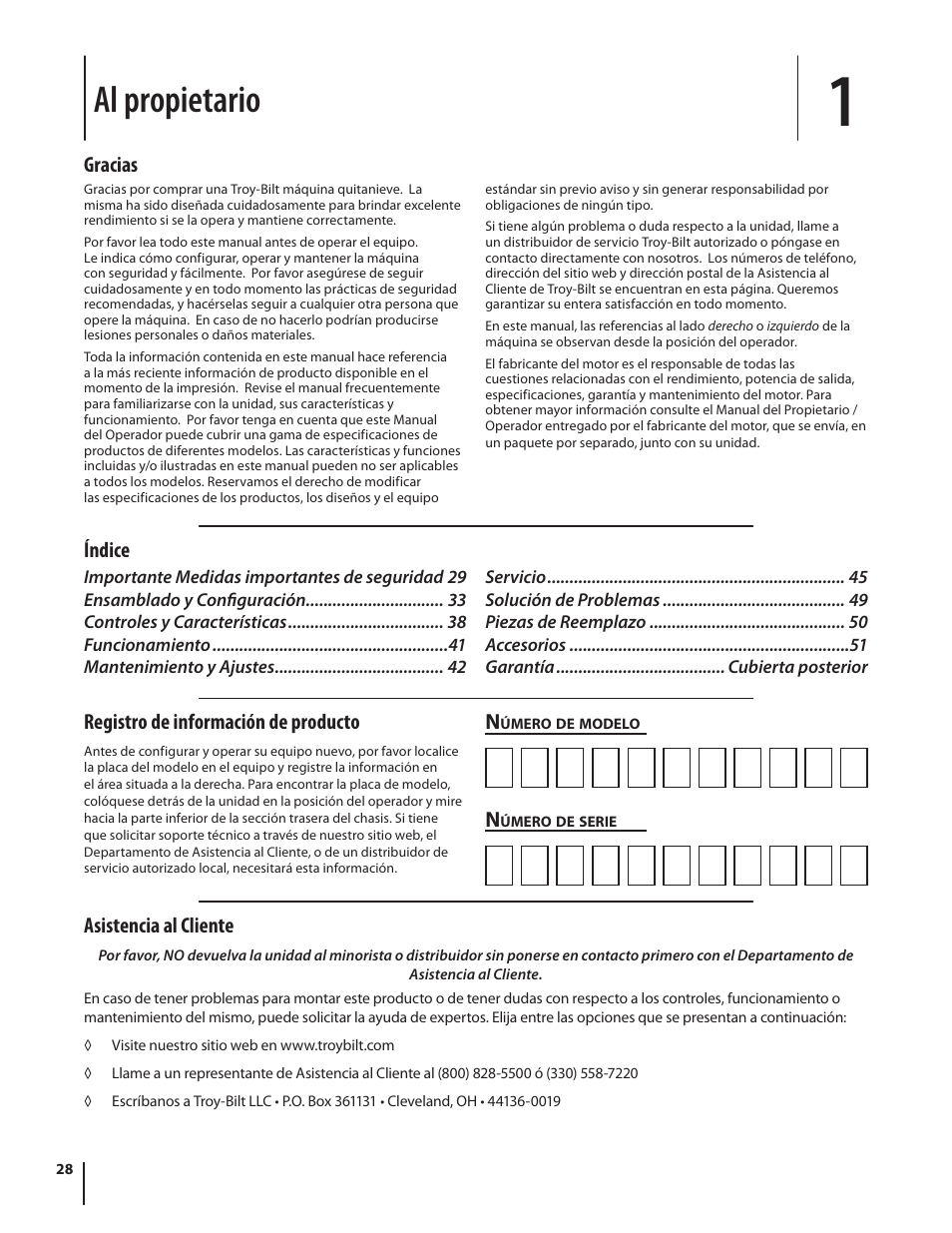 Al propietario, Asistencia al cliente, Gracias | Índice n, Registro de información de producto | Troy-Bilt STORM TRACKER 2690XP User Manual | Page 28 / 52