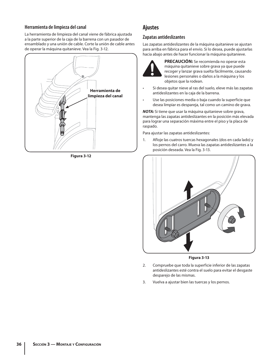 Ajustes, Herramienta de limpieza del canal, Zapatas antideslizantes | Troy-Bilt STORM TRACKER 2690XP User Manual | Page 36 / 52