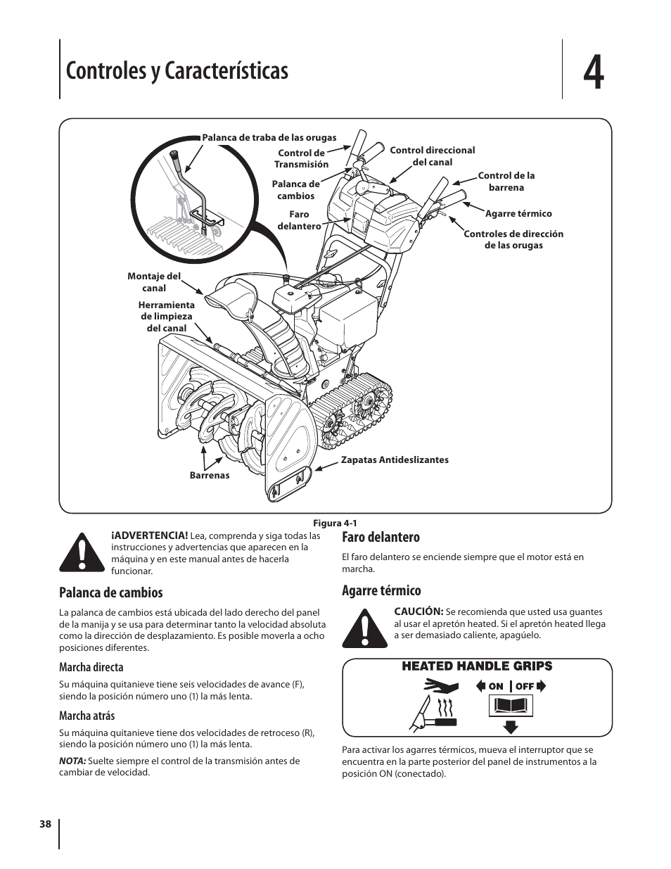 Controles y características, Palanca de cambios, Faro delantero | Agarre térmico | Troy-Bilt STORM TRACKER 2690XP User Manual | Page 38 / 52