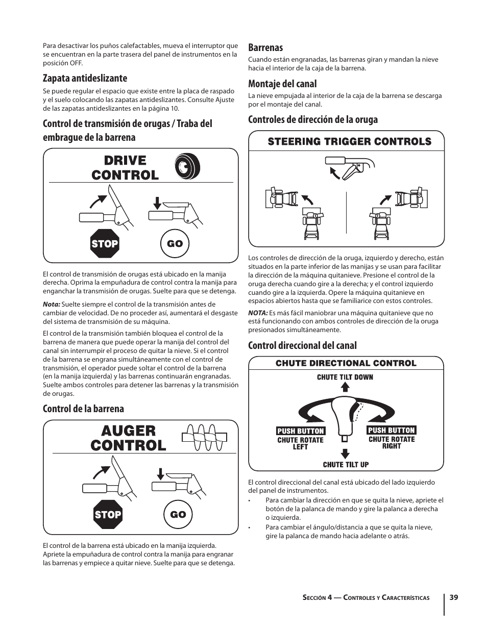 Zapata antideslizante, Control de la barrena, Barrenas | Montaje del canal, Controles de dirección de la oruga, Control direccional del canal | Troy-Bilt STORM TRACKER 2690XP User Manual | Page 39 / 52