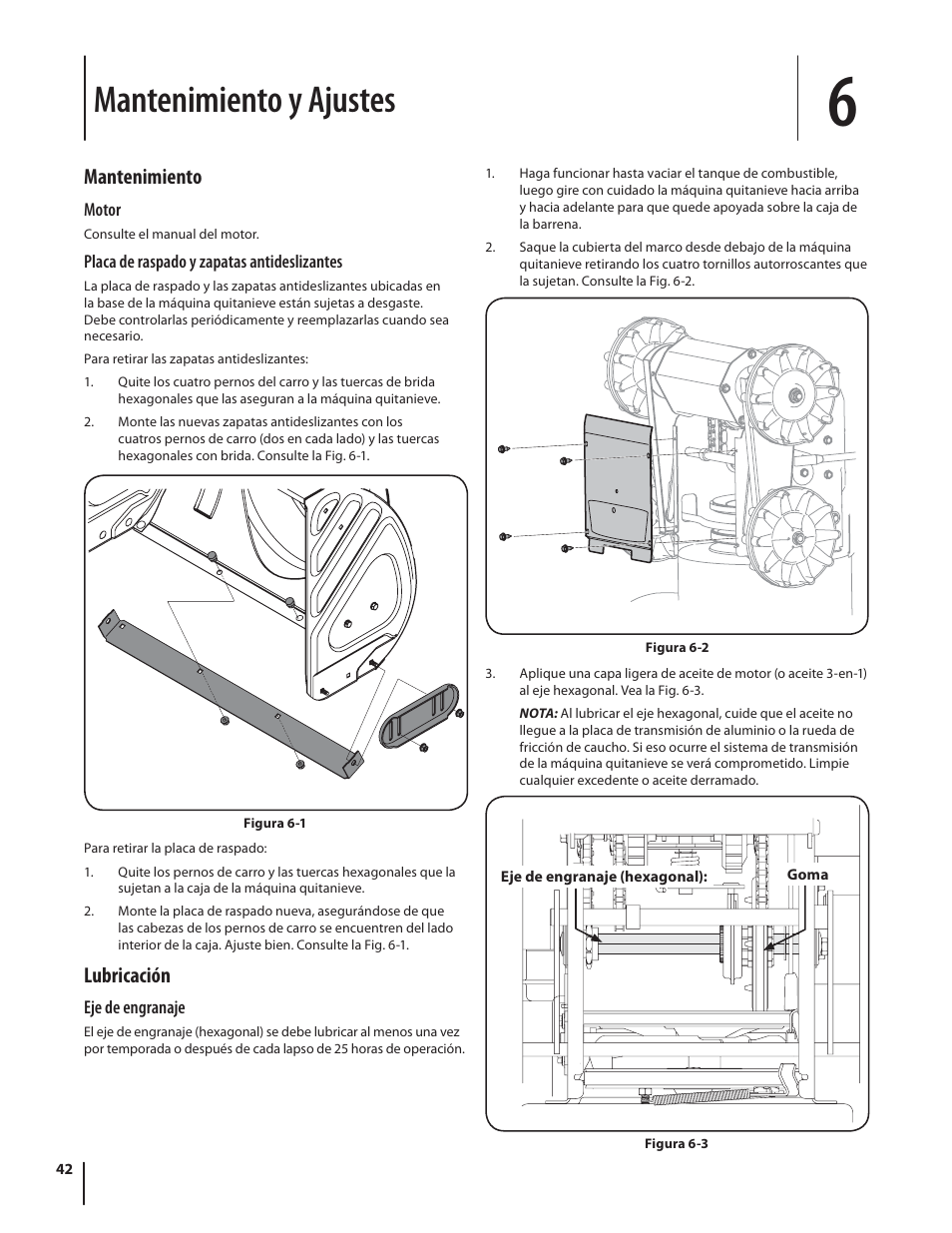 Mantenimiento y ajustes, Mantenimiento, Lubricación | Troy-Bilt STORM TRACKER 2690XP User Manual | Page 42 / 52