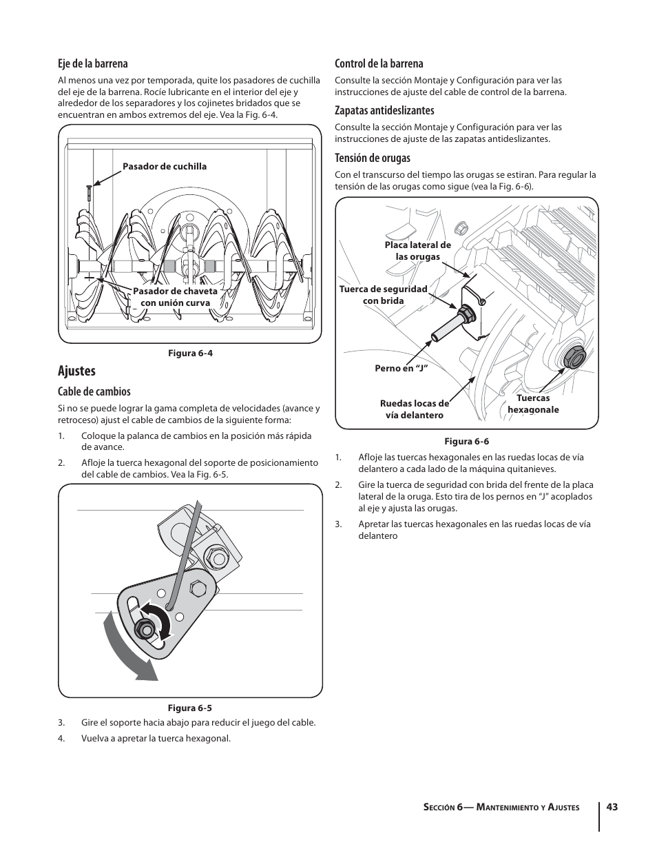 Ajustes, Eje de la barrena, Cable de cambios | Control de la barrena, Zapatas antideslizantes, Tensión de orugas | Troy-Bilt STORM TRACKER 2690XP User Manual | Page 43 / 52