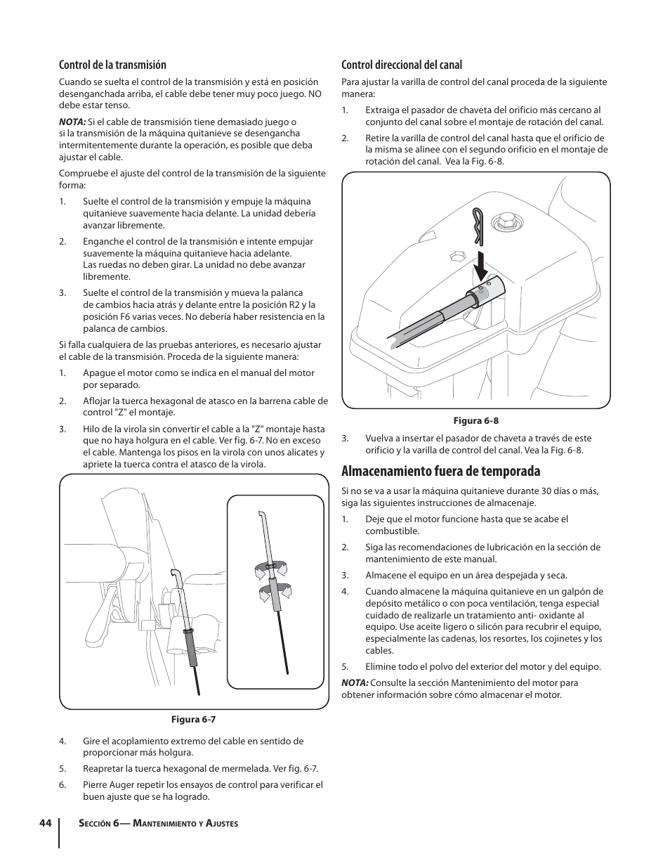 Almacenamiento fuera de temporada, Control de la transmisión, Control direccional del canal | Troy-Bilt STORM TRACKER 2690XP User Manual | Page 44 / 52