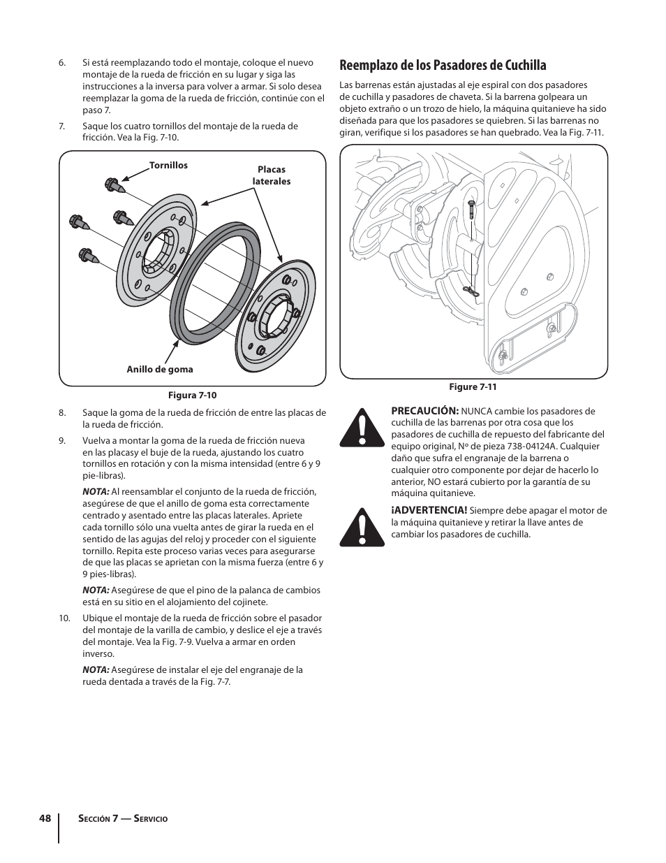 Reemplazo de los pasadores de cuchilla | Troy-Bilt STORM TRACKER 2690XP User Manual | Page 48 / 52