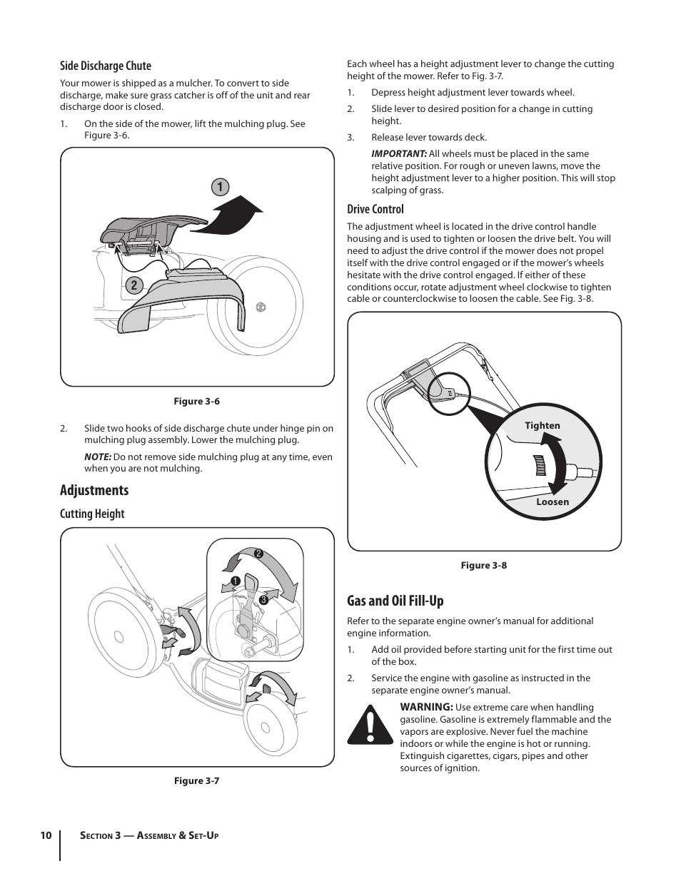 Gas and oil fill-up, Adjustments, Drive control | Side discharge chute, Cutting height | Troy-Bilt V560 User Manual | Page 10 / 44