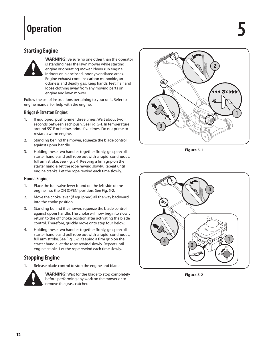 Operation, Starting engine, Stopping engine | Troy-Bilt V560 User Manual | Page 12 / 44
