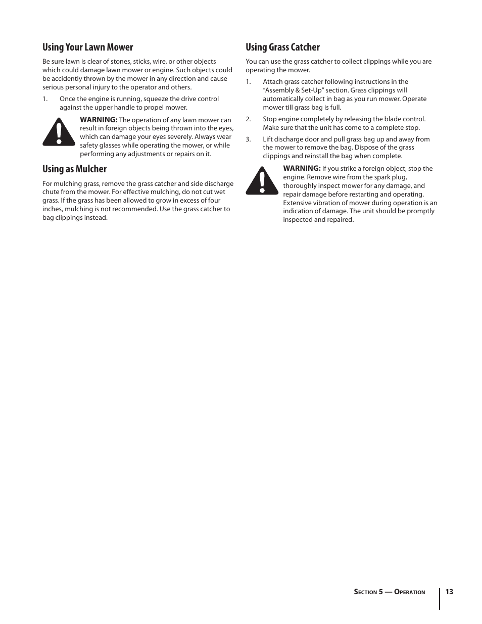 Using your lawn mower, Using as mulcher, Using grass catcher | Troy-Bilt V560 User Manual | Page 13 / 44