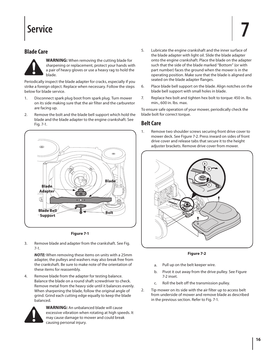 Service, Belt care, Blade care | Troy-Bilt V560 User Manual | Page 16 / 44