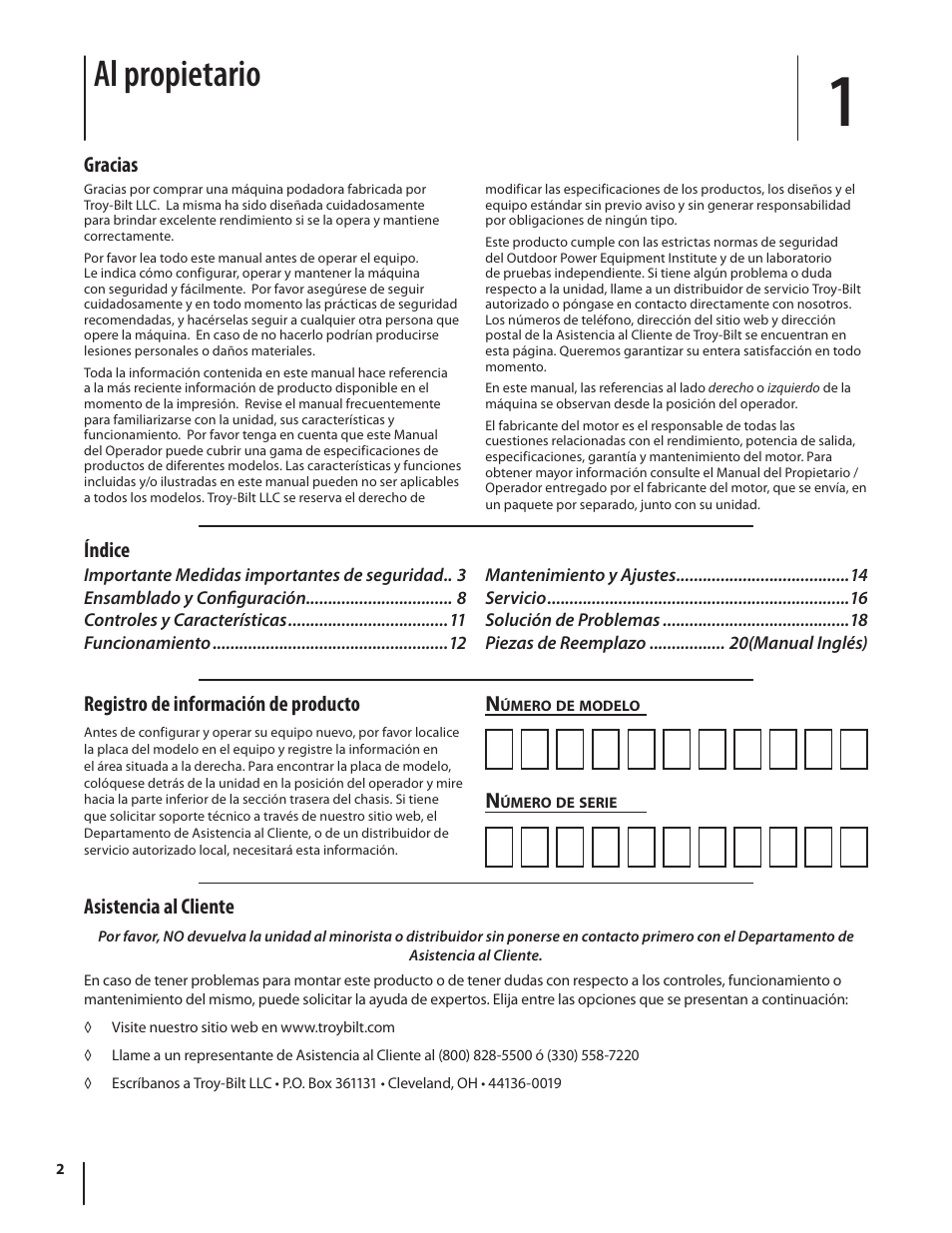 Al propietario, Asistencia al cliente, Gracias | Índice n, Registro de información de producto | Troy-Bilt V560 User Manual | Page 26 / 44