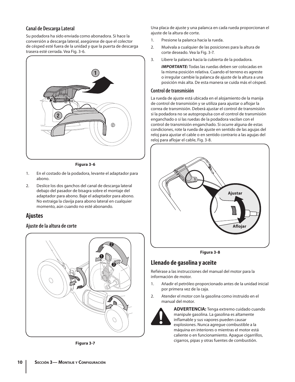 Llenado de gasolina y aceite, Ajustes, Control de transmisión | Canal de descarga lateral, Ajuste de la altura de corte | Troy-Bilt V560 User Manual | Page 34 / 44