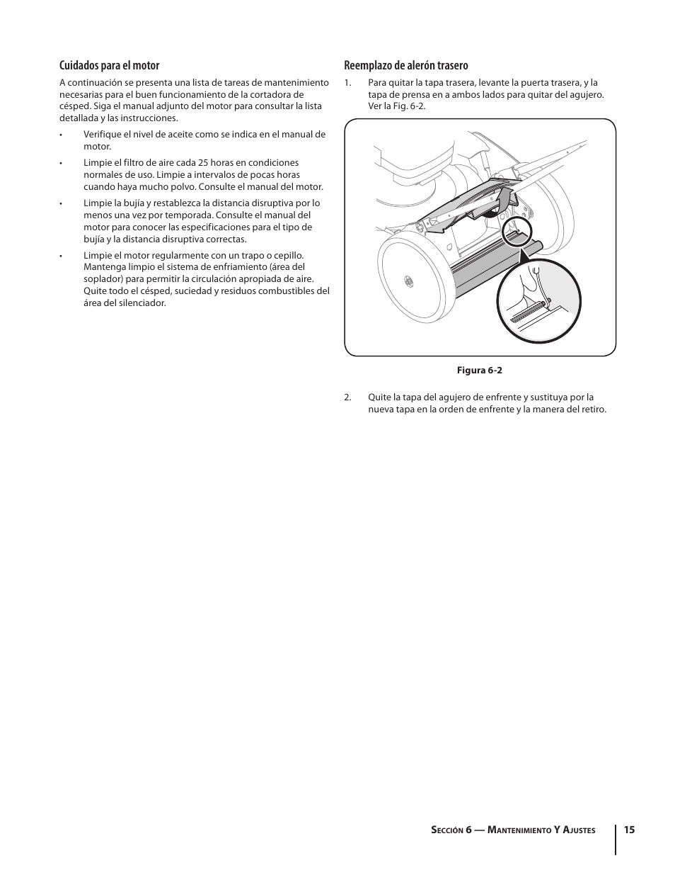 Reemplazo de alerón trasero, Cuidados para el motor | Troy-Bilt V560 User Manual | Page 39 / 44