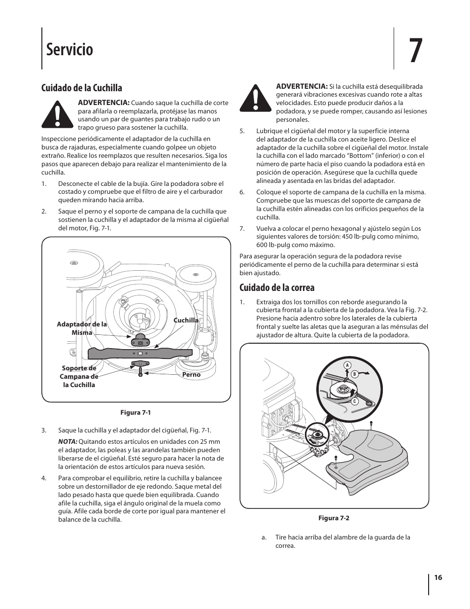 Servicio, Cuidado de la correa, Cuidado de la cuchilla | Troy-Bilt V560 User Manual | Page 40 / 44