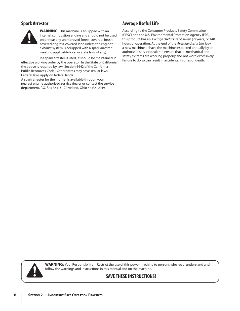 Spark arrestor, Average useful life, Save these instructions | Troy-Bilt V560 User Manual | Page 6 / 44