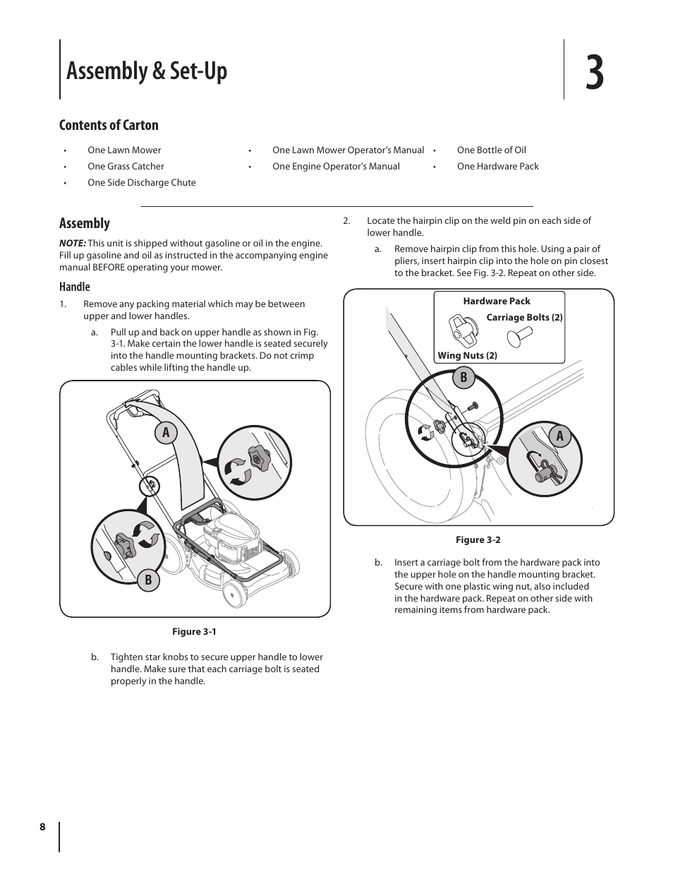 Assembly & set-up, Contents of carton, Assembly | Troy-Bilt V560 User Manual | Page 8 / 44