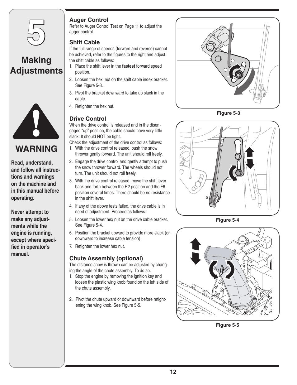 Making adjustments, Warning | Troy-Bilt 769-03800 User Manual | Page 12 / 52