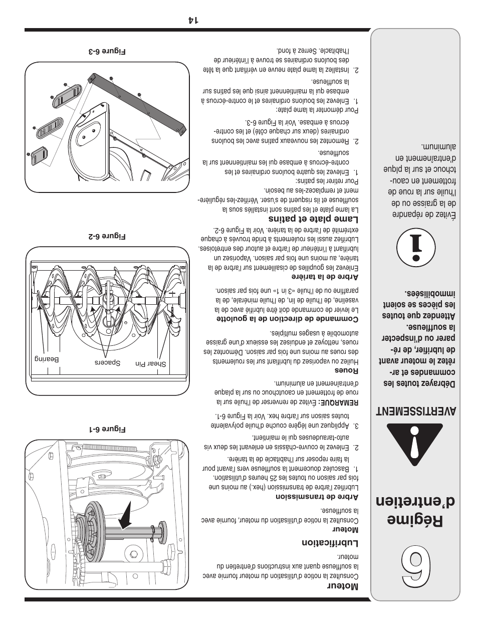 Régime d’entretien, Aver tissement | Troy-Bilt 769-03800 User Manual | Page 39 / 52