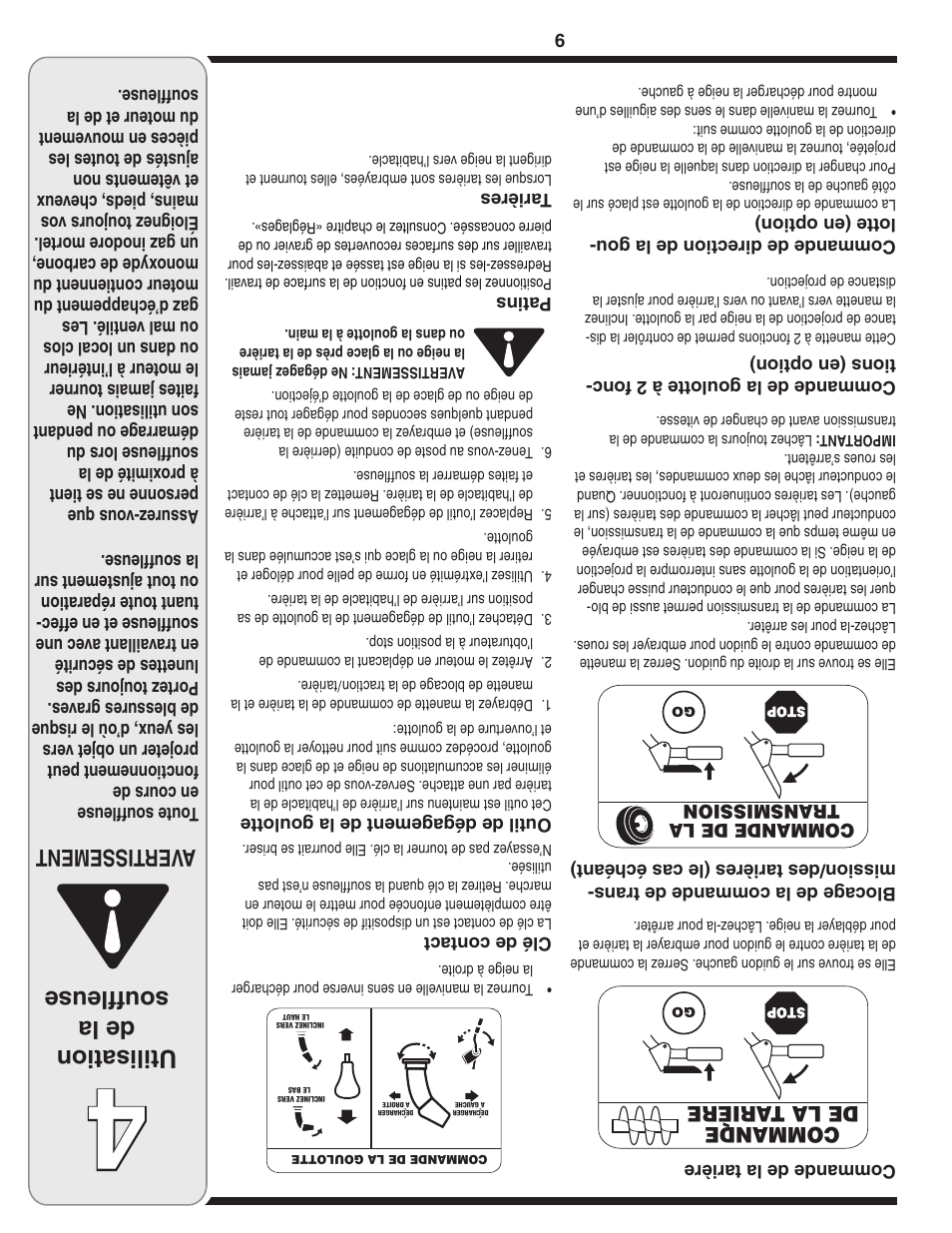Utilisation de la souffleuse, Aver tissement | Troy-Bilt 769-03800 User Manual | Page 44 / 52
