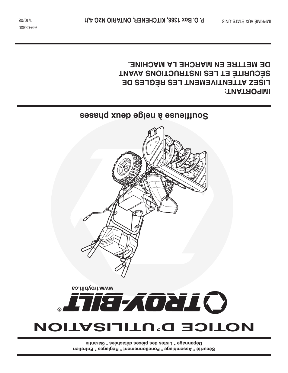 Notice d’utilisa tion, Souffleuse à neige deux phases | Troy-Bilt 769-03800 User Manual | Page 52 / 52