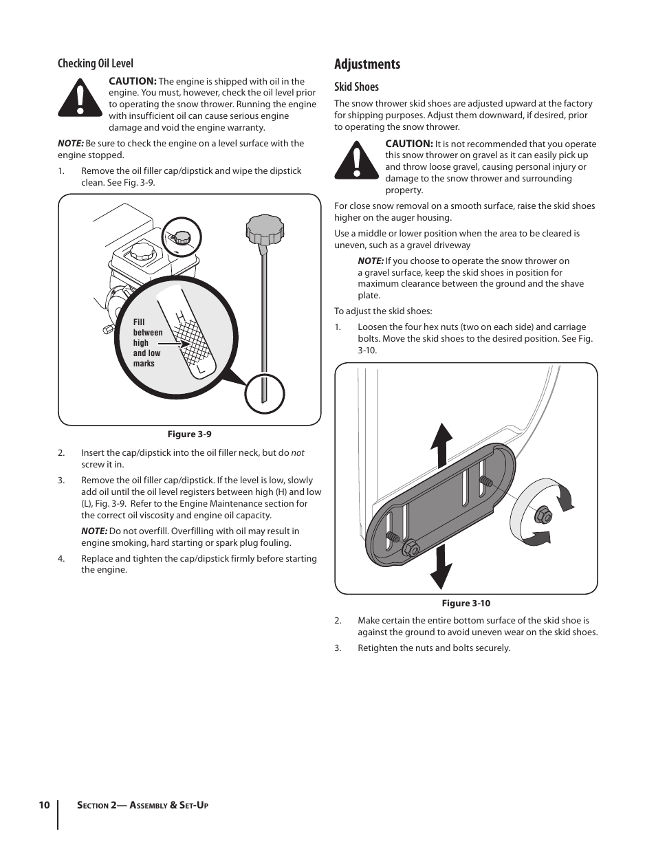 Adjustments, Checking oil level, Skid shoes | Troy-Bilt 2690 User Manual | Page 10 / 32
