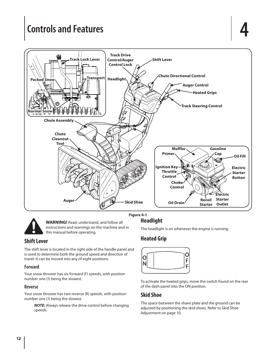 Controls and features, Shift lever, Headlight | Heated grip, Skid shoe | Troy-Bilt 2690 User Manual | Page 12 / 32