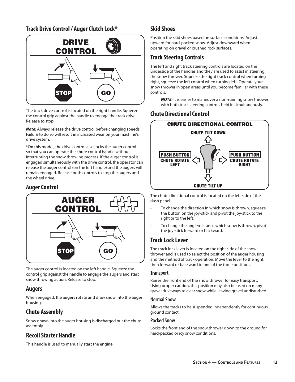 Track drive control / auger clutch lock, Auger control, Augers | Chute assembly, Recoil starter handle, Skid shoes, Track steering controls, Chute directional control, Track lock lever | Troy-Bilt 2690 User Manual | Page 13 / 32