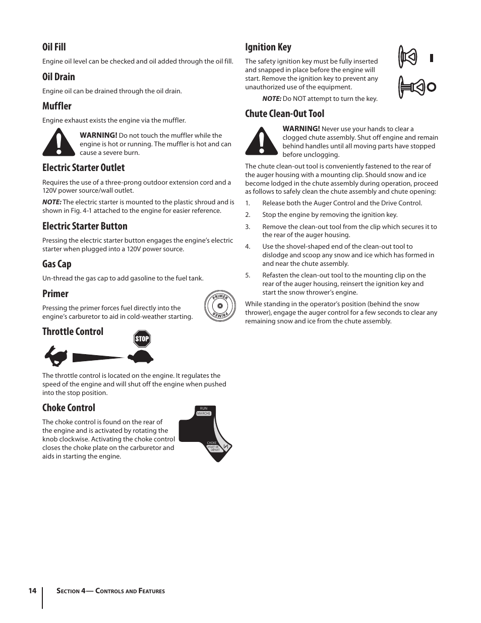 Oil fill, Oil drain, Muffler | Electric starter outlet, Electric starter button, Gas cap, Primer, Throttle control, Choke control, Ignition key | Troy-Bilt 2690 User Manual | Page 14 / 32