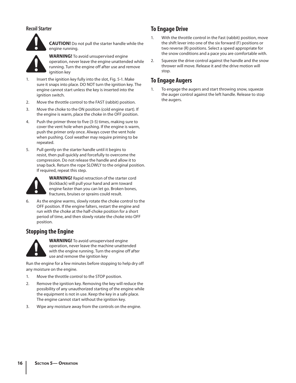 Stopping the engine, Recoil starter | Troy-Bilt 2690 User Manual | Page 16 / 32