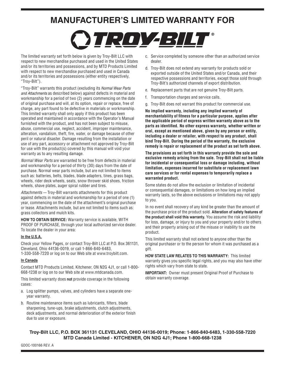 Manufacturer’s limited warranty for | Troy-Bilt 2690 User Manual | Page 32 / 32