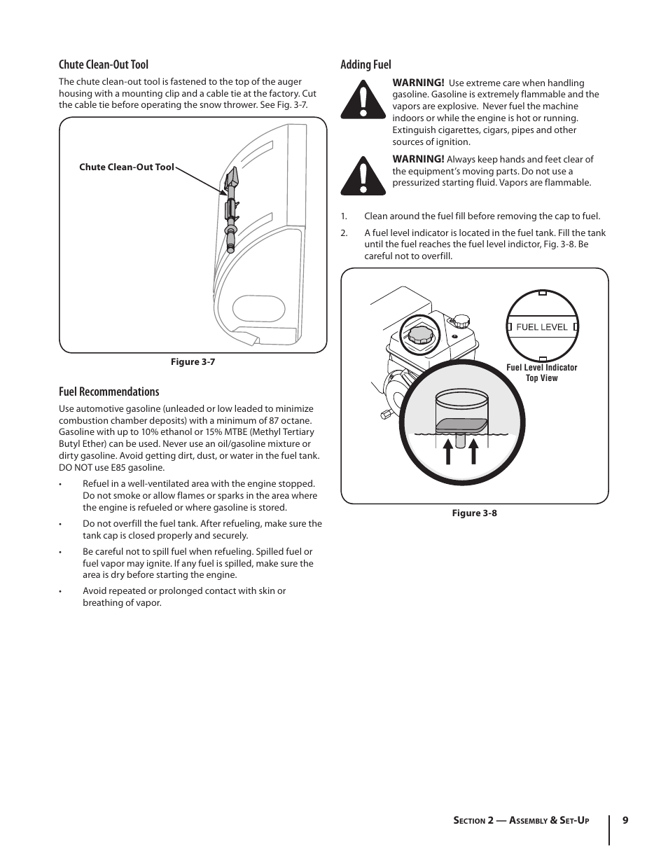 Chute clean-out tool, Fuel recommendations, Adding fuel | Troy-Bilt 2690 User Manual | Page 9 / 32