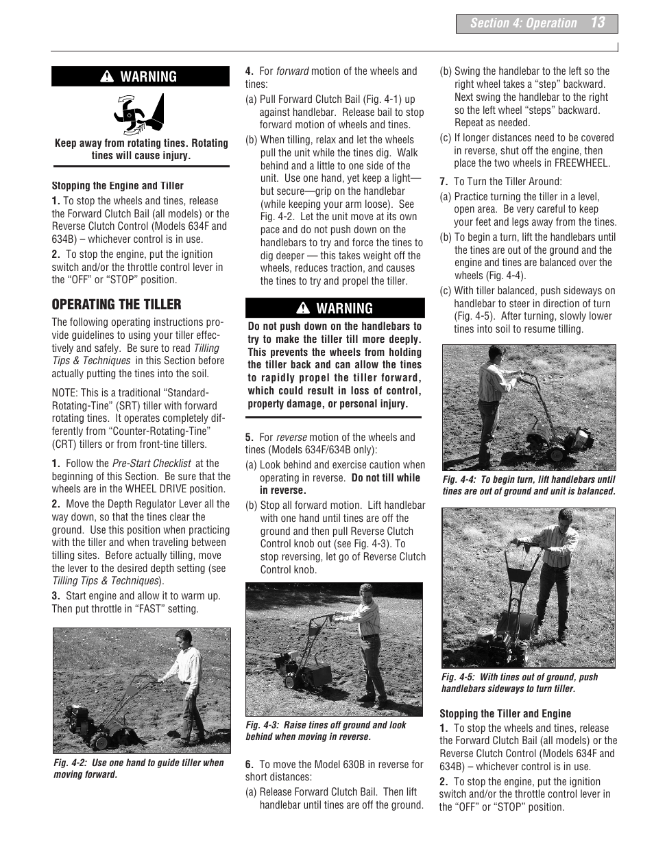 Operating the tiller, Warning | Troy-Bilt 634B-Super Bronco User Manual | Page 13 / 32