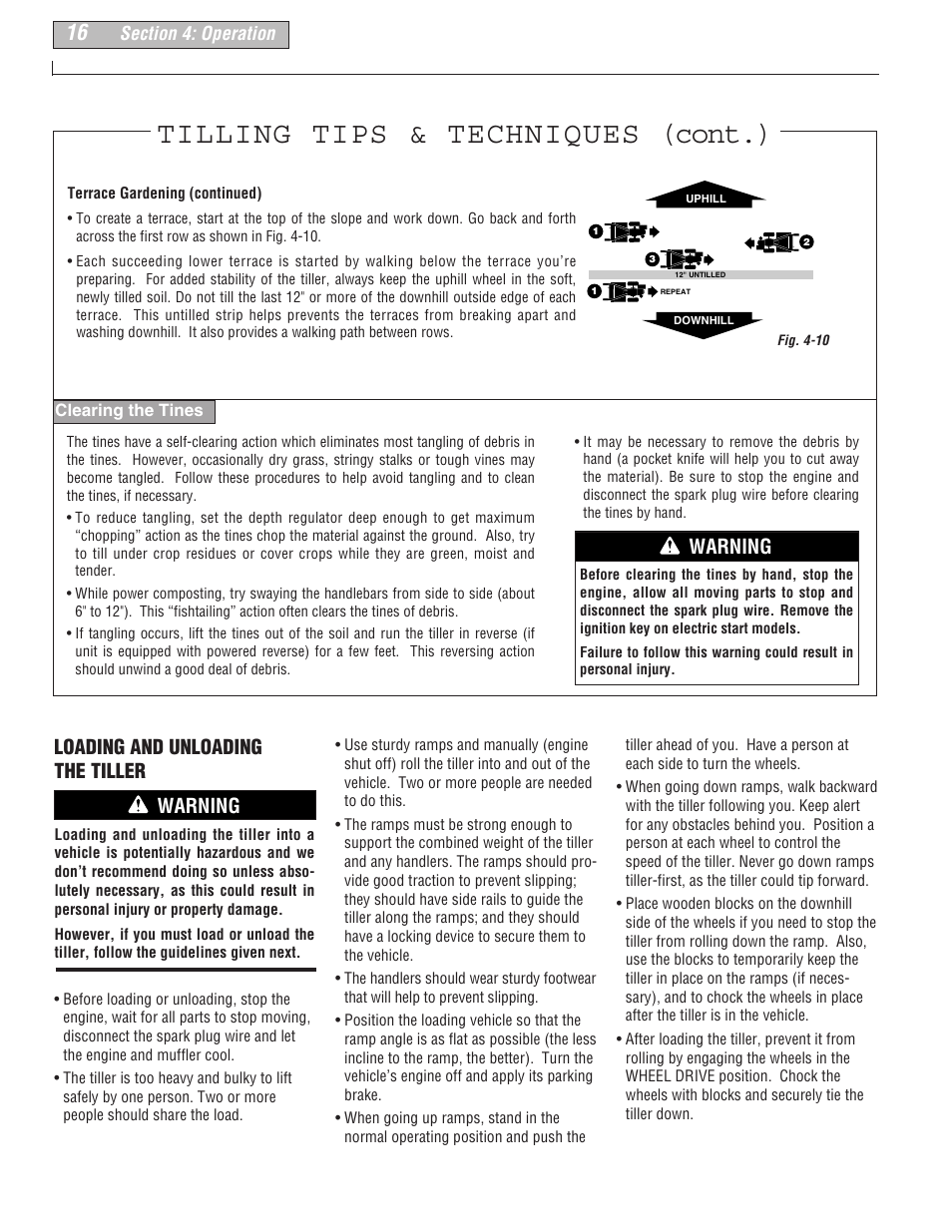 Tilling tips & techniques (cont.), Warning, Loading and unloading the tiller | Troy-Bilt 634B-Super Bronco User Manual | Page 16 / 32