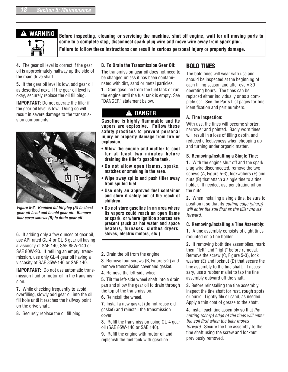 Warning, Bolo tines, Danger | Troy-Bilt 634B-Super Bronco User Manual | Page 18 / 32