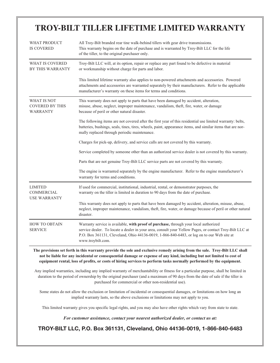 Troy-bilt tiller lifetime limited warranty | Troy-Bilt 634B-Super Bronco User Manual | Page 32 / 32