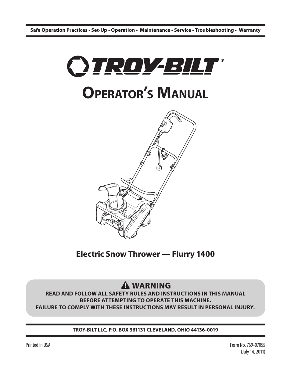 Troy-Bilt Electric Snow Thrower Flurry 1400 User Manual | 40 pages