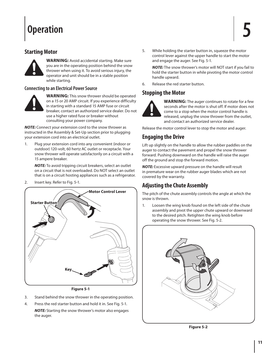 Operation, Starting motor, Stopping the motor | Engaging the drive, Adjusting the chute assembly | Troy-Bilt Electric Snow Thrower Flurry 1400 User Manual | Page 11 / 40