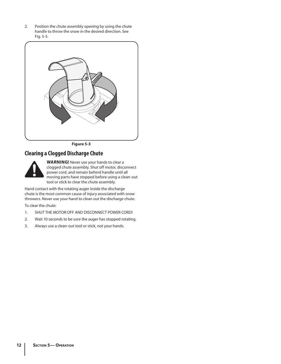 Clearing a clogged discharge chute | Troy-Bilt Electric Snow Thrower Flurry 1400 User Manual | Page 12 / 40